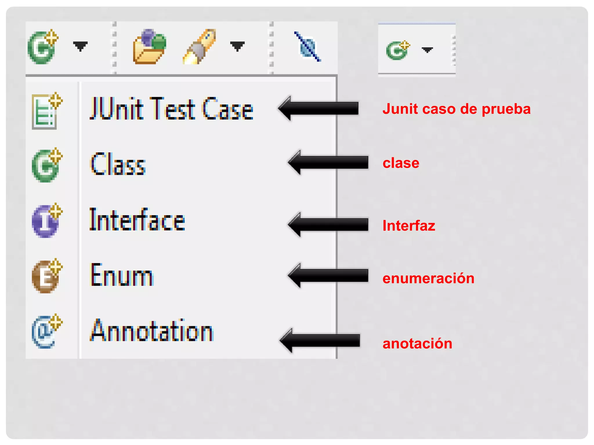 Junit caso de prueba
clase
Interfaz
anotación
enumeración
 