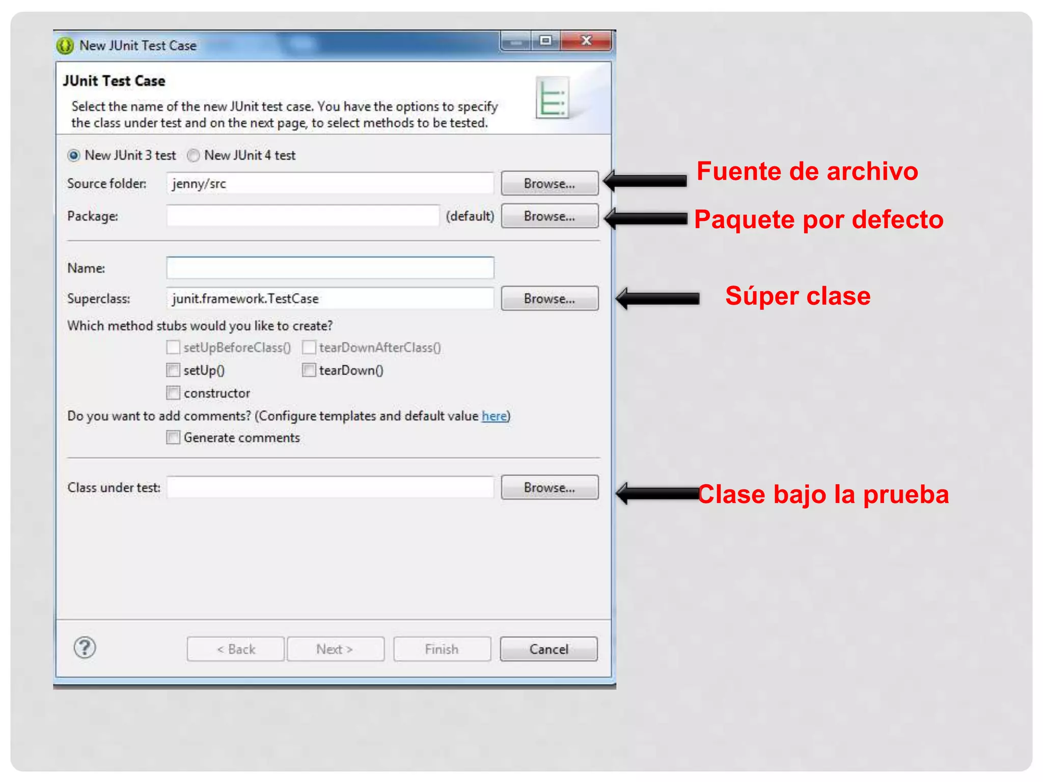 Fuente de archivo
Paquete por defecto
Súper clase
Clase bajo la prueba
 