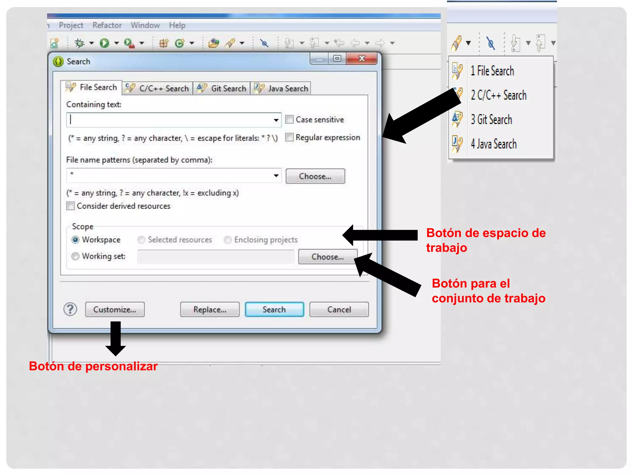 Botón de espacio de
trabajo
Botón de personalizar
Botón para el
conjunto de trabajo
 