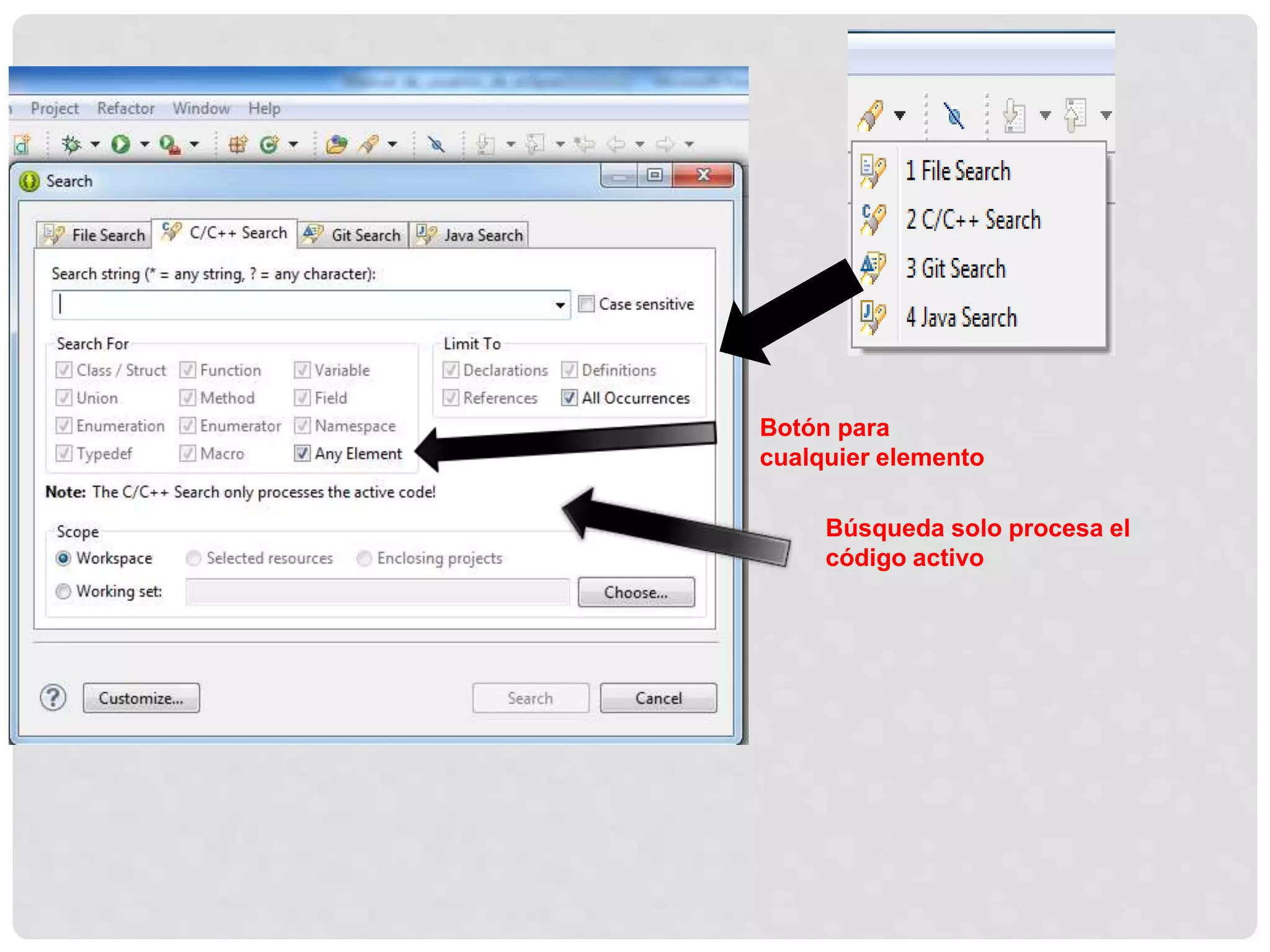 Búsqueda solo procesa el
código activo
Botón para
cualquier elemento
 