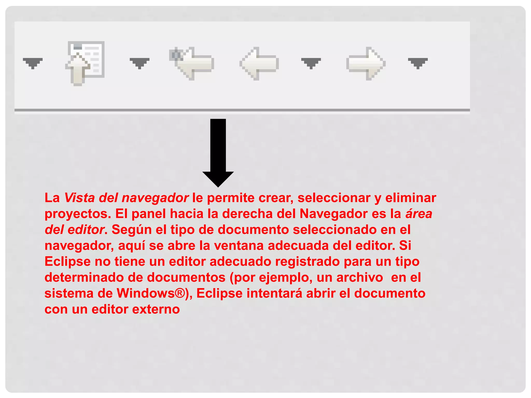 La Vista del navegador le permite crear, seleccionar y eliminar
proyectos. El panel hacia la derecha del Navegador es la área
del editor. Según el tipo de documento seleccionado en el
navegador, aquí se abre la ventana adecuada del editor. Si
Eclipse no tiene un editor adecuado registrado para un tipo
determinado de documentos (por ejemplo, un archivo en el
sistema de Windows®), Eclipse intentará abrir el documento
con un editor externo
 