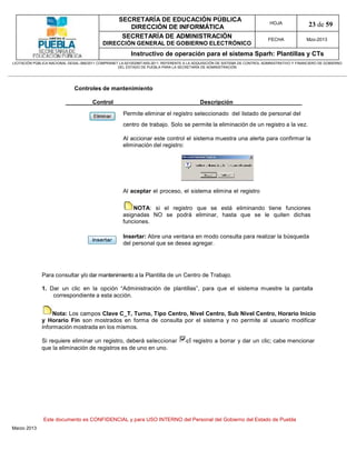 SECRETARÍA DE EDUCACIÓN PÚBLICA
                                                        DIRECCIÓN DE INFORMÁTICA
                                                                                                                                HOJA               23 de 59
                                                      SECRETARÍA DE ADMINISTRACIÓN                                             FECHA              Mzo-2013
                                            DIRECCIÓN GENERAL DE GOBIERNO ELECTRÓNICO
                                                           Instructivo de operación para el sistema Sparh: Plantillas y CTs
LICITACIÓN PÚBLICA NACIONAL GESAL-066/2011 COMPRANET LA-921002997-N55-2011, REFERENTE A LA ADQUISICIÓN DE SISTEMA DE CONTROL ADMINISTRATIVO Y FINANCIERO DE GOBIERNO
                                                    DEL ESTADO DE PUEBLA PARA LA SECRETARÍA DE ADMINISTRACIÓN




                              Controles de mantenimiento

                                       Control                                               Descripción
                                                       Permite eliminar el registro seleccionado del listado de personal del
                                                       centro de trabajo. Solo se permite la eliminación de un registro a la vez.

                                                       Al accionar este control el sistema muestra una alerta para confirmar la
                                                       eliminación del registro:




                                                       Al aceptar el proceso, el sistema elimina el registro

                                                           NOTA: si el registro que se está eliminando tiene funciones
                                                       asignadas NO se podrá eliminar, hasta que se le quiten dichas
                                                       funciones.

                                                       Insertar: Abre una ventana en modo consulta para realizar la búsqueda
                                                       del personal que se desea agregar.




              Para consultar y/o dar mantenimiento a la Plantilla de un Centro de Trabajo.

              1. Dar un clic en la opción “Administración de plantillas”, para que el sistema muestre la pantalla
                  correspondiente a esta acción.


                   Nota: Los campos Clave C_T, Turno, Tipo Centro, Nivel Centro, Sub Nivel Centro, Horario Inicio
              y Horario Fin son mostrados en forma de consulta por el sistema y no permite al usuario modificar
              información mostrada en los mismos.

              Si requiere eliminar un registro, deberá seleccionar                    el registro a borrar y dar un clic; cabe mencionar
              que la eliminación de registros es de uno en uno.




               Este documento es CONFIDENCIAL y para USO INTERNO del Personal del Gobierno del Estado de Puebla
Marzo 2013
 