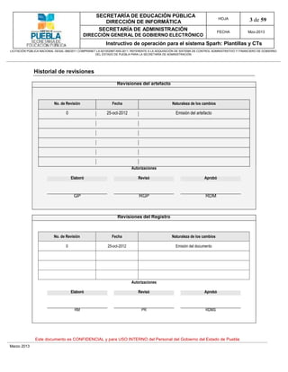 SECRETARÍA DE EDUCACIÓN PÚBLICA
                                                        DIRECCIÓN DE INFORMÁTICA
                                                                                                                                HOJA               3 de 59
                                                      SECRETARÍA DE ADMINISTRACIÓN                                              FECHA             Mzo-2013
                                             DIRECCIÓN GENERAL DE GOBIERNO ELECTRÓNICO
                                                           Instructivo de operación para el sistema Sparh: Plantillas y CTs
LICITACIÓN PÚBLICA NACIONAL GESAL-066/2011 COMPRANET LA-921002997-N55-2011, REFERENTE A LA ADQUISICIÓN DE SISTEMA DE CONTROL ADMINISTRATIVO Y FINANCIERO DE GOBIERNO
                                                    DEL ESTADO DE PUEBLA PARA LA SECRETARÍA DE ADMINISTRACIÓN




              Historial de revisiones

                                                                 Revisiones del artefacto



                           No. de Revisión                    Fecha                                Naturaleza de los cambios

                                  0                        25-oct-2012                               Emisión del artefacto




                                                                          Autorizaciones

                                      Elaboró                                 Revisó                                   Aprobó



                                       GP                                      RGP                                      RDM



                                                                  Revisiones del Registro



                           No. de Revisión                    Fecha                                Naturaleza de los cambios

                                  0                         25-oct-2012                              Emisión del documento




                                                                          Autorizaciones

                                      Elaboró                                 Revisó                                   Aprobó



                                        RM                                      PR                                      RDMS




               Este documento es CONFIDENCIAL y para USO INTERNO del Personal del Gobierno del Estado de Puebla
Marzo 2013
 