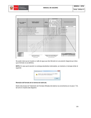 MANUAL DE USUARIO
MINEDU – OFIN
Fecha: 28-Ener-11
126
Se puede notar que se muestra un sello de agua que dice Borrador en una posición diagonal que indica
que el formato no es definitivo.
NOTA: En caso que la sección no contenga estudiantes matriculados, se mostrará un mensaje similar al
siguiente:
Remisión del formato de la nómina de matrícula.
Dentro del proceso de Tratamiento de Formatos Oficiales del sistema nos encontramos en el paso n° 02,
tal como lo muestra este diagrama:
 