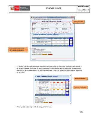 MANUAL DE USUARIO
MINEDU – OFIN
Fecha: 28-Ener-11
171
En el caso que algún estudiante fue trasladado el registro de dicho estudiante estará de color amarillo y
en el caso que es el estudiante fue retirado, la línea correspondiente a dicho estudiante estará de color
anaranjado, tal como se muestra en la siguiente ventana. En ambos caso no se podrá realizar el registro
de las notas.
Para registrar notas se procede de la siguiente manera:
Naranja: Retirado
Amarillo: Trasladado
Datos generales
Esta leyenda corresponde a
los criterios de calificación
 