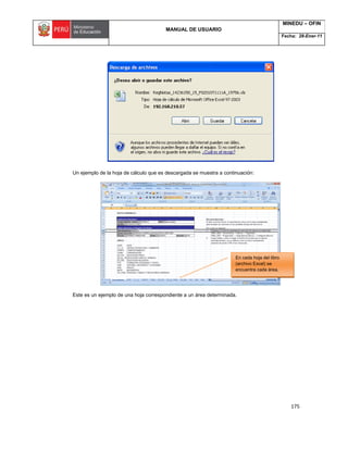 MANUAL DE USUARIO
MINEDU – OFIN
Fecha: 28-Ener-11
175
Un ejemplo de la hoja de cálculo que es descargada se muestra a continuación:
Este es un ejemplo de una hoja correspondiente a un área determinada.
En cada hoja del libro
(archivo Excel) se
encuentra cada área.
 