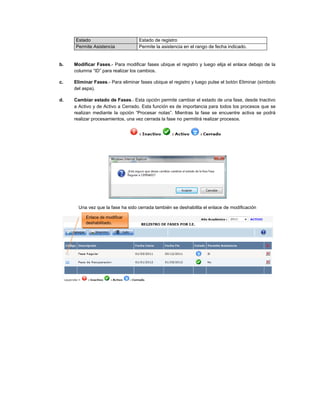 Estado Estado de registro
Permite Asistencia Permite la asistencia en el rango de fecha indicado.
b. Modificar Fases.- Para modificar fases ubique el registro y luego elija el enlace debajo de la
columna “ID” para realizar los cambios.
c. Eliminar Fases.- Para eliminar fases ubique el registro y luego pulse el botón Eliminar (símbolo
del aspa).
d. Cambiar estado de Fases.- Esta opción permite cambiar el estado de una fase, desde Inactivo
a Activo y de Activo a Cerrado. Esta función es de importancia para todos los procesos que se
realizan mediante la opción “Procesar notas”. Mientras la fase se encuentre activa se podrá
realizar procesamientos, una vez cerrada la fase no permitirá realizar procesos.
Una vez que la fase ha sido cerrada también se deshabilita el enlace de modificación
Enlace de modificar
deshabilitado.
 