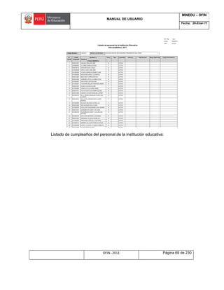 MANUAL DE USUARIO
MINEDU – OFIN
Fecha: 28-Ener-11
OFIN -2011 Página 69 de 230
Listado de cumpleaños del personal de la institución educativa:
 