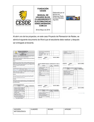 FUNDACIÓN
CESDE
MANUAL DE
USUARIO BLOG
CLASESREDESYT
ELECOMUCNICAC
IONES.WEBNODE.
COM.CO
26 de Mayo de 2016
Elaborado por el
técnico en
Sistemas Paola
Andrea Morales
Agudelo
ASESORÍA
METODOLÓGICA:
ELABORÓ: REVISÓ: APROBÓ:
Al abrir uno de los proyectos, en este caso Proyecto de Planeacion de Redes, se
abrirá el siguiente documento de Word que el estudiante debe realizar y después
ser entregado al docente.
 
