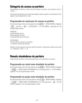 Categoria de acesso ao porteiro
Programação de fábrica: ramais não têm acesso ao porteiro nos períodos diurno e
noturno.

Você poderá programar os ramais para ligarem para o porteiro e conversarem com
alguém que esteja próximo a ele.


Programando um ramal para ter acesso ao porteiro
No ramal principal, retire o fone do gancho, tecle                 + SENHA GERAL (3 dígitos)
+     + período +               + CATEGORIA + Nº DO RAMAL, aguarde tom de
programação correta.

PERÍODO
5 para período diurno
6 para período noturno
7 para período diurno/noturno

CATEGORIA
0 ramal não tem acesso ao porteiro;
1 ramal tem acesso ao porteiro.

Exemplo: você quer programar o acesso do ramal 25 ao porteiro 1 somente para o período noturno, tecle
12 + senha geral + 368 + 1 + 25.




Ramais atendedores de porteiro
Programação de fábrica: ramal 20 programado como atendedor de porteiro.



Programando um ramal como atendedor de porteiro
No ramal principal, retire o fone do gancho, tecle                 + SENHA GERAL (3 dígitos)
+        + TEMPO PARA ATENDIMENTO (15 a 90 segundos) + Nº DO RAMAL,
aguarde tom de programação correta.


Programando um grupo como atendedor de porteiro
No ramal principal, retire o fone do gancho, tecle                + SENHA GERAL (3 dígitos)
+       + TEMPO PARA ATENDIMENTO (15 a 90 segundos) +                                     +Nº DO
GRUPO, aguarde tom de programação correta.




                                                  101
 
