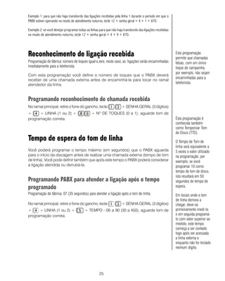 Exemplo 1: para que não haja transbordo das ligações recebidas pela linha 1 durante o período em que o
PABX estiver operando no modo de atendimento noturno, tecle 12 + senha geral + 4 + 1 + 870.

Exemplo 2: se você desejar programar todas as linhas para que não haja transbordo das ligações recebidas
no modo de atendimento noturno, tecle 12 + senha geral + 4 + 9 + 870.




Reconhecimento de ligação recebida                                                                         Esta programação
                                                                                                           permite que chamadas
Programação de fábrica: número de toques igual a zero, neste caso, as ligações serão encaminhadas          falsas, com um único
imediatamente para a telefonista.                                                                          toque de campainha,
                                                                                                           por exemplo, não sejam
Com esta programação você define o número de toques que o PABX deverá
                                                                                                           encaminhadas para a
receber de uma chamada externa antes de encaminhá-la para tocar no ramal
atendedor da linha.                                                                                        telefonista.



Programando reconhecimento de chamada recebida
No ramal principal, retire o fone do gancho, tecle                   + SENHA GERAL (3 dígitos)
+     + LINHA (1 ou 2) +                      + NO DE TOQUES (0 a 1), aguarde tom de
programação correta.                                                                                       Ésta programação é
                                                                                                           conhecida também
                                                                                                           como Temporizar Tom
                                                                                                           de Disco (TTD).
Tempo de espera do tom de linha                                                                            O Tempo de Tom de
                                                                                                           linha será equivalente a
Você poderá programar o tempo máximo (em segundos) que o PABX aguarda                                      5 vezes o valor utilizado
para o início da discagem antes de realizar uma chamada externa (tempo de tom                              na programação; por
de linha). Você pode definir também que após este tempo o PABX poderá considerar                           exemplo, se você
a ligação atendida ou derrubá-la.                                                                          programar 10 como
                                                                                                           tempo de tom de disco,
                                                                                                           isto resultará em 50
Programando PABX para atender a ligação após o tempo                                                       segundos de tempo de
programado                                                                                                 espera.
Programação de fábrica: 07 (35 segundos) para atender a ligação após o tom de linha.                       Em locais onde o tom
                                                                                                           de linha demora a
No ramal principal, retire o fone do gancho, tecle                   + SENHA GERAL (3 dígitos)             chegar, deve-se
+     + LINHA (1 ou 2) +                 + TEMPO - 06 a 90 (30 a 450), aguarde tom de                      primeiramente medi-lo
programação correta.                                                                                       e em seguida programá-
                                                                                                           lo com valor superior ao
                                                                                                           medido; este tempo
                                                                                                           começa a ser contado
                                                                                                           logo após ser acessada
                                                                                                           a linha externa e
                                                                                                           enquanto não for teclado
                                                                                                           nenhum dígito.




                                                    25
 