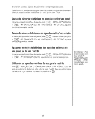 3 ramal tem acesso à agenda de uso restrito e tem proteção de dados.

Exemplo: o ramal 21 precisa ter acesso à agenda coletiva de uso restrito e não pode receber interferência
por ter uma placa de fax-modem instalada, tecle 12 + senha geral + 379 + 3 + 21.


Gravando números telefônicos na agenda coletiva/uso geral
No ramal principal, retire o fone do gancho, tecle                    + SENHA GERAL (3 dígitos)
+        + N DA AGENDA (20 a 99) + ROTA (0 a 2) + NO EXTERNO, aguarde
                  O

tom de programação correta.


Gravando números telefônicos na agenda coletiva/uso restrito
No ramal principal, retire o fone do gancho, tecle                    + SENHA GERAL (3 dígitos)
+        + NO DA AGENDA (20 a 99) + ROTA (0 a 2) + NO EXTERNO, aguarde
tom de programação correta.


Apagando números telefônicos das agendas coletivas de
uso geral ou de uso restrito                                                                                Se você possuir a Placa
No ramal principal, retire o fone do gancho, tecle                    + SENHA GERAL (3 dígitos)             de Comunicação, deverá
                                                                                                            teclar somente 7 +
+            + NO DA AGENDA (20 a 99), aguarde tom de programação correta.
                                                                                                            POSIÇÃO DO NÚMERO
                                                                                                            NA AGENDA e o PABX
                                                                                                            realizará a ligação para o
Utilizando as agendas coletivas de uso geral e restrito                                                     número gravado.
Tecle     + POSIÇÃO QUE O NÚMERO FOI GRAVADO NA AGENDA (20 a 99)
após o recebimento do tom de linha externa: tecle FLASH. Caso seu telefone seja
decádico, no lugar da tecla FLASH você deverá teclar     .




                                                     29
 