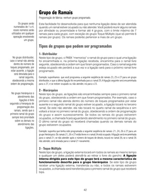 Grupo de Ramais
                            Programação de fábrica: nenhum grupo programado.

         Os grupos serão    Esta facilidade foi desenvolvida para que nenhuma ligação deixe de ser atendida
   numerados de 1 a 4,      quando um ramal estiver ocupado ou não atender. Você poderá reunir alguns ramais
   esses números serão      por afinidade ou proximidade e formar até 4 grupos, com o limite máximo de 7
 utilizados em qualquer     ramais para cada grupo, com exceção do grupo Toque Múltiplo (que só permite 6
  operação envolvendo       ramais por grupo). Os ramais poderão pertencer a mais de um grupo.
              um grupo.

                            Tipos de grupos que podem ser programados
                            1- Distribuidor
   No grupo distribuidor,   Neste tipo de grupo, o PABX “memoriza” o ramal do grupo para o qual uma ligação
caso o ramal não atenda     foi encaminhada e, na próxima ligação recebida, encaminha para o ramal livre
    dentro do número de     seguinte, obedecendo a ordem em que foram programados. Caso o ramal seguinte
toques programado, por      esteja ocupado ele perderá a sua vez e a ligação será para o próximo ramal livre
 estar ausente, a ligação   programado.
    será desviada para o
         ramal seguinte,    Exemplo: suponhamos que você programou a seguinte seqüência de ramais 23, 25 e 27 para um grupo
   obedecendo a mesma       distribuidor, e que a última ligação foi encaminhada para o ramal 25; A ligação seguinte será encaminhada
 ordem de programação.      para o 27, e se estiver ocupado ou não atender, irá para o 23.

                            2 - Hierárquico
 No grupo hierárquico o     Neste tipo de grupo, as ligações são encaminhadas sempre para o primeiro ramal
        atendimento das     do grupo, obedecendo a ordem em que foram programados. Por exemplo, caso o
         ligações é feito   primeiro ramal não atenda dentro do número de toques programados por estar
seguindo a hierarquia de    ausente e o segundo ramal do grupo estiver ocupado, a ligação tocará no terceiro
       programação dos      ramal; Se este não atender, ela não tocará no quarto ramal da seqüência e sim
    ramais, sendo que o     voltará a tocar no primeiro ramal do grupo, obedecendo a ordem de programação
primeiro ramal do grupo     do grupo e assim sucessivamente. Se todos os ramais do grupo estiverem
  sempre terá prioridade    ocupados, a chamada ficará aguardando atendimento no primeiro ramal do grupo.
     sobre os demais no     O último ramal do grupo só receberá chamadas quando os demais ramais do
        atendimento das     grupo estiverem ocupados.
               ligações.
                            Exemplo: suponha que tenha sido programada a seguinte seqüência de ramais: 21, 24, 26 e 27 para um
                            grupo hierárquico. Os ramais 21, 26 e 27 estão livres e o ramal 24 está ocupado. A ligação será encaminhada
                            para o ramal 21; se não atender após o número de toques de desvio, tocará no ramal 26; se o ramal 26
                            não atender, será enviada para o ramal 21 novamente.

                            3 - Toque Múltiplo
                            Neste tipo de grupo, a ligação externa tocará em todos os ramais ao mesmo tempo
                            e qualquer um deles poderá atendê-la ao retirar o fone do gancho. A ligação
                            interna dirigida para este tipo de grupo terá a mesma característica de
                            funcionamento descrita para o grupo hierárquico. Se este tipo de grupo
                            receber uma ligação externa, transferida ou não, e todos os ramais estiverem
                            ocupados, a chamada será transferida para o primeiro ramal do grupo que receberá
                            bips.




                                                                             42
 