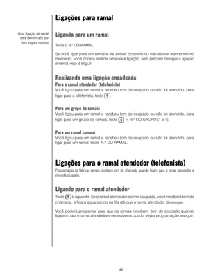 Ligações para ramal
Uma ligação de ramal
 será identificada por
                         Ligando para um ramal
  dois toques médios
                         Tecle o Nº DO RAMAL.

                         Se você ligar para um ramal e ele estiver ocupado ou não estiver atendendo no
                         momento, você poderá realizar uma nova ligação, sem precisar desligar a ligação
                         anterior, veja a seguir:


                         Realizando uma ligação encadeada
                         Para o ramal atendedor (telefonista)
                         Você ligou para um ramal e recebeu tom de ocupado ou não foi atendido, para
                         ligar para a telefonista, tecle .


                         Para um grupo de ramais
                         Você ligou para um ramal e recebeu tom de ocupado ou não foi atendido, para
                         ligar para um grupo de ramais, tecle  + N.º DO GRUPO (1 a 4).


                         Para um ramal comum
                         Você ligou para um ramal e recebeu tom de ocupado ou não foi atendido, para
                         ligar para um ramal, tecle N.º DO RAMAL.




                         Ligações para o ramal atendedor (telefonista)
                         Programação de fábrica: ramais recebem tom de chamada quando ligam para o ramal atendedor e
                         ele está ocupado.


                         Ligando para o ramal atendedor
                         Tecle  e aguarde. Se o ramal atendedor estiver ocupado, você receberá tom de
                         chamada, e ficará aguardando na fila até que o ramal atendedor desocupe.

                         Você poderá programar para que os ramais recebam tom de ocupado quando
                         ligarem para o ramal atendedor e ele estiver ocupado, veja a programação a seguir:




                                                                  48
 