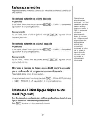 Rechamada automática
Programação de fábrica: rechamada automática para linha ativada e rechamada automática para
ramal desativada.


Rechamada automática à linha ocupada                                                          Se a rechamada
                                                                                              automática estiver
Programando                                                                                   programada e você ligar
No seu ramal, retire o fone do gancho, tecle                + TEMPO (3 a 6 segundos),         para a linha externa ou
aguarde tom de programação correta.                                                           para um ramal que
                                                                                              estiverem ocupados, o
                                                                                              PABX irá programar a
Desprogramando                                                                                rechamada
No seu ramal, retire o fone do gancho, tecle                          , aguarde tom de        automaticamente.
                                                                                              A partir do momento
programação correta.                                                                          que a linha ou o ramal
                                                                                              estiverem livres, seu
                                                                                              telefone irá tocar
Rechamada automática à ramal ocupado                                                          avisando que a
Programando                                                                                   rechamada foi
                                                                                              programada, se o fone
No seu ramal, retire o fone do gancho, tecle                + TEMPO (3 a 6 segundos),
                                                                                              não for retirado do
aguarde tom de programação correta.                                                           gancho dentro do
                                                                                              número de toques
Desprogramando                                                                                programado, a
                                                                                              rechamada será
No seu ramal, retire o fone do gancho, tecle                          , aguarde tom de        interrompida.
programação correta.


Alterando o número de toques que o PABX emitirá avisando
que a rechamada foi programada automaticamente
Programação de fábrica: número de toques igual a 3.

No ramal principal, retire o fone do gancho, tecle          + SENHA GERAL (3 dígitos)
+          + TOQUES - 3 a 7, aguarde tom de programação correta.




Rechamada à última ligação dirigida ao seu
ramal (Pega-trote)
Você deseja realizar uma ligação para o último ramal que ligou, transferiu uma
ligação ou realizou uma consulta para seu ramal
Tecle         , aguarde tom de programação correta.




                                                61
 