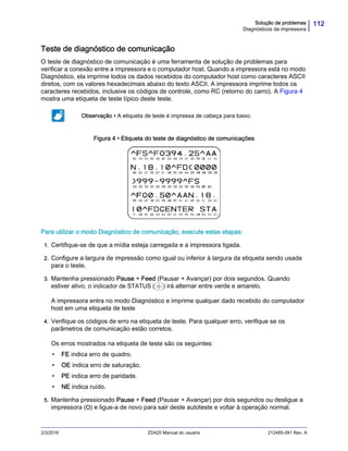 112Solução de problemas
Diagnósticos da impressora
2/3/2016 ZD420 Manual do usuário 212485-091 Rev. A
Teste de diagnóstico de comunicação
O teste de diagnóstico de comunicação é uma ferramenta de solução de problemas para
verificar a conexão entre a impressora e o computador host. Quando a impressora está no modo
Diagnóstico, ela imprime todos os dados recebidos do computador host como caracteres ASCII
diretos, com os valores hexadecimais abaixo do texto ASCII. A impressora imprime todos os
caracteres recebidos, inclusive os códigos de controle, como RC (retorno do carro). A Figura 4
mostra uma etiqueta de teste típico deste teste.
Figura 4 • Etiqueta do teste de diagnóstico de comunicações
Para utilizar o modo Diagnóstico de comunicação, execute estas etapas:
1. Certifique-se de que a mídia esteja carregada e a impressora ligada.
2. Configure a largura de impressão como igual ou inferior à largura da etiqueta sendo usada
para o teste.
3. Mantenha pressionado Pause + Feed (Pausar + Avançar) por dois segundos. Quando
estiver ativo, o indicador de STATUS ( ) irá alternar entre verde e amarelo.
A impressora entra no modo Diagnóstico e imprime qualquer dado recebido do computador
host em uma etiqueta de teste
4. Verifique os códigos de erro na etiqueta de teste. Para qualquer erro, verifique se os
parâmetros de comunicação estão corretos.
Os erros mostrados na etiqueta de teste são os seguintes:
• FE indica erro de quadro.
• OE indica erro de saturação.
• PE indica erro de paridade.
• NE indica ruído.
5. Mantenha pressionado Pause + Feed (Pausar + Avançar) por dois segundos ou desligue a
impressora (O) e ligue-a de novo para sair deste autoteste e voltar à operação normal.
Observação • A etiqueta de teste é impressa de cabeça para baixo.
 