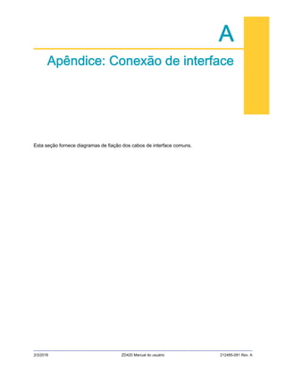 2/3/2016 ZD420 Manual do usuário 212485-091 Rev. A
A
Apêndice: Conexão de interface
Esta seção fornece diagramas de fiação dos cabos de interface comuns.
 
