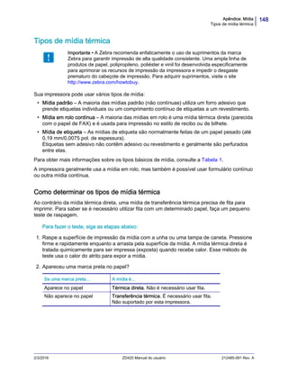 148Apêndice: Mídia
Tipos de mídia térmica
2/3/2016 ZD420 Manual do usuário 212485-091 Rev. A
Tipos de mídia térmica
Sua impressora pode usar vários tipos de mídia:
• Mídia padrão – A maioria das mídias padrão (não contínuas) utiliza um forro adesivo que
prende etiquetas individuais ou um comprimento contínuo de etiquetas a um revestimento.
• Mídia em rolo contínua – A maioria das mídias em rolo é uma mídia térmica direta (parecida
com o papel de FAX) e é usada para impressão no estilo de recibo ou de bilhete.
• Mídia de etiqueta – As mídias de etiqueta são normalmente feitas de um papel pesado (até
0,19 mm/0,0075 pol. de espessura).
Etiquetas sem adesivo não contêm adesivo ou revestimento e geralmente são perfurados
entre elas.
Para obter mais informações sobre os tipos básicos de mídia, consulte a Tabela 1.
A impressora geralmente usa a mídia em rolo, mas também é possível usar formulário contínuo
ou outra mídia contínua.
Como determinar os tipos de mídia térmica
Ao contrário da mídia térmica direta, uma mídia de transferência térmica precisa de fita para
imprimir. Para saber se é necessário utilizar fita com um determinado papel, faça um pequeno
teste de raspagem.
Para fazer o teste, siga as etapas abaixo:
1. Raspe a superfície de impressão da mídia com a unha ou uma tampa de caneta. Pressione
firme e rapidamente enquanto a arrasta pela superfície da mídia. A mídia térmica direta é
tratada quimicamente para ser impressa (exposta) quando recebe calor. Esse método de
teste usa o calor do atrito para expor a mídia.
2. Apareceu uma marca preta no papel?
Importante • A Zebra recomenda enfaticamente o uso de suprimentos da marca
Zebra para garantir impressão de alta qualidade consistente. Uma ampla linha de
produtos de papel, polipropileno, poliéster e vinil foi desenvolvida especificamente
para aprimorar os recursos de impressão da impressora e impedir o desgaste
prematuro do cabeçote de impressão. Para adquirir suprimentos, visite o site
http://www.zebra.com/howtobuy.
Se uma marca preta... A mídia é...
Aparece no papel Térmica direta. Não é necessário usar fita.
Não aparece no papel Transferência térmica. É necessário usar fita.
Não suportado por esta impressora.
 