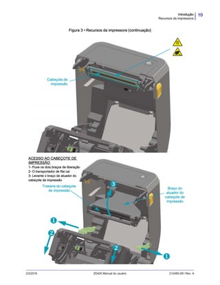 10Introdução
Recursos da impressora
2/3/2016 ZD420 Manual do usuário 212485-091 Rev. A
Figura 3 • Recursos da impressora (continuação)
Cabeçote de
impressão



Traseira do cabeçote
de impressão
 Braço do
atuador do
cabeçote de
impressão

ACESSO AO CABEÇOTE DE
IMPRESSÃO
1- Puxe os dois braços de liberação
2- O transportador de fita cai
3- Levante o braço de atuador do
cabeçote de impressão
 