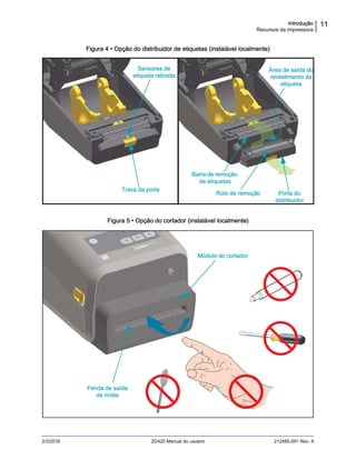 11Introdução
Recursos da impressora
2/3/2016 ZD420 Manual do usuário 212485-091 Rev. A
Figura 4 • Opção do distribuidor de etiquetas (instalável localmente)
Figura 5 • Opção do cortador (instalável localmente)
Trava da porta
Sensores de
etiqueta retirada
Barra de remoção
de etiquetas
Rolo de remoção Porta do
distribuidor
Área de saída do
revestimento da
etiqueta
Fenda de saída
de mídia
Módulo do cortador
 