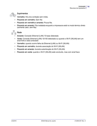 14Introdução
Recursos da impressora
2/3/2016 ZD420 Manual do usuário 212485-091 Rev. A
Suprimentos
• Vermelho: Há uma condição sem mídia.
• Piscando em vermelho: Sem fita
• Piscando em vermelho e amarelo: Pouca fita.
• Piscando em amarelo: Fita instalada enquanto a impressora está no modo térmico direto
(somente calor, sem fita)
Rede
• Amarelo: Conexão Ethernet (LAN) 10 base detectada
• Verde: Conexão Ethernet (LAN) 10/100 detectada ou quando o Wi-Fi (WLAN) tem um
sinal forte e está conectado
• Vermelho: quando ocorre falha da Ethernet (LAN) ou Wi-Fi (WLAN)
• Piscando em vermelho: durante associação do Wi-Fi (WLAN)
• Piscando em amarelo: durante autenticação do Wi-Fi (WLAN)
• Piscando em verde: quando o Wi-Fi (WLAN) está concluído, mas com sinal fraco
 