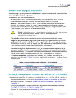 29Configuração
Selecione um local para a impressora
2/3/2016 ZD420 Manual do usuário 212485-091 Rev. A
Selecione um local para a impressora
A impressora e a mídia precisam de uma área segura limpa com temperaturas moderadas para
terem operações ótimas de impressão.
Selecione um local para a impressora que:
• Superfície: A superfície onde a impressora estará localizada deve ser sólida, nivelada,
dimensionada e resistente o suficiente para suportar a impressora com mídia.
• Espaço: A área onde a impressora estará localizada deve incluir espaço suficiente para a
abertura da impressora (acesso da mídia e limpeza) e para o acesso da impressora à
conectividade e cabos de alimentação. Para que haja ventilação e refrigeração adequadas,
deixe um espaço livre em todos os lados da impressora.
• Alimentação: Coloque a impressora próxima de uma tomada elétrica de fácil acesso.
• Interfaces de comunicação de dados: Certifique-se de que o cabeamento e os rádios Wi-Fi
ou Bluetooth não excedam a distância máxima especificada pelo padrão do protocolo de
comunicação ou folha de dados do produto para esta impressora. A intensidade do sinal de
rádio pode ser reduzida por barreiras físicas (objetos, paredes etc.).
Os cabos de dados não devem ser roteados com ou próximos de cabos de alimentação ou
conduítes, luzes fluorescentes, transformadores, fornos de micro-ondas, motores, ou outras
fontes de interferência e ruído elétrico. Essas fontes de interferência podem causar problemas
com as comunicações, operação do sistema de host e funcionalidade da impressora.
• Condições operacionais: Sua impressora é projetada para funcionar em uma grande
variedade de ambientes. A Tabela 1 mostra os requisitos de temperatura e umidade relativa
da impressora.
Instalação das opções da impressora e módulos de conectividade
Instale as seguintes opções da impressora antes de continuar com a configuração da impressora.
• Módulo da porta serial (RS-232 DB-9) - Instalação do módulo da porta serial na página 18
• Módulo de Ethernet (LAN) interno - Instalação do módulo de Ethernet (LAN) interno
na página 19
• Distribuidor de etiqueta (remove o revestimento e apresenta a etiqueta para o operador) -
Instalação do distribuidor de etiquetas na página 23
• Cortador de mídia de uso geral - Instalação do cortador na página 24.
Cuidado • Não coloque nenhum material de acolchoamento ou forro atrás ou embaixo da
base da impressora, pois isso restringe o fluxo de ar e pode provocar o
superaquecimento da impressora.
Tabela 1 • Temperatura e umidade operacional e não operacional
Modo Temperatura Umidade relativa
Operacional 0 a 40°C (32 a 104°F) 20 a 85% sem condensação
Não operacional -40° a 60°C (-40°C a 140°F) 5% a 85% sem condensação
 
