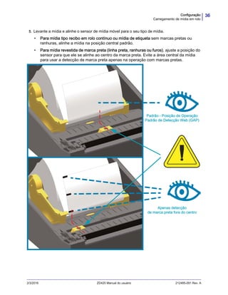 36Configuração
Carregamento de mídia em rolo
2/3/2016 ZD420 Manual do usuário 212485-091 Rev. A
5. Levante a mídia e alinhe o sensor de mídia móvel para o seu tipo de mídia.
• Para mídia tipo recibo em rolo contínuo ou mídia de etiqueta sem marcas pretas ou
ranhuras, alinhe a mídia na posição central padrão.
• Para mídia revestida de marca preta (linha preta, ranhuras ou furos), ajuste a posição do
sensor para que ele se alinhe ao centro da marca preta. Evite a área central da mídia
para usar a detecção de marca preta apenas na operação com marcas pretas.
Apenas detecção
de marca preta fora do centro
Padrão - Posição de Operação
Padrão de Detecção Web (GAP)
 