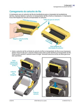 40Configuração
Carregamento do cartucho de fita
2/3/2016 ZD420 Manual do usuário 212485-091 Rev. A
Carregamento do cartucho de fita
A impressora usa um cartucho de fita de transferência para a impressão de transferência
térmica. Apenas deslize o cartucho no transportador de fita e feche a impressora. A impressora
lê as informações do cartucho armazenadas no cartucho.
1. Insira o cartucho de fita na fenda do cartucho de fita no transportador de fita na sua impressora
aberta. Empurre até que o cartucho esteja quase rente à parte dianteira do transportador de fita.
Você ouvirá e sentirá o cartucho travar no lugar. Somente cartuchos de fita da Zebra genuínos
são suportados.
Chip inteligente de
informações de cartucho
Segure o cartucho de fita
aqui
Trilhos de guia do cartucho
Insira essa
extremidade
Insira essa extremidade
Parte
dianteira do
transportador
de fita
Leitor de
chip
inteligente
Guias do
cartucho
 