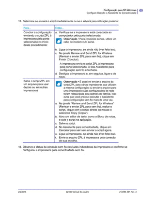 60Configuração para SO Windows
Configure Usando o Assistente de Conectividade
2/3/2016 ZD420 Manual do usuário 212485-091 Rev. A
15. Determine se enviará o script imediatamente ou se o salvará para utilização posterior.
16. Observe o status da conexão sem fio nas luzes indicadoras da impressora e confirme se
configurou a impressora para conectividade sem fio.
Para... Então...
Concluir a configuração
enviando o script ZPL à
impressora pela porta
selecionada no início
deste procedimento:
a. Verifique se a impressora está conectada ao
computador pela porta selecionada.
Observação • Para conexões seriais, utilize um
cabo de modem nulo serial.
b. Ligue a impressora, se ainda não tiver feito isso.
c. Na janela Review and Send ZPL for Wireless
(Revisar e enviar ZPL para sem fio), clique em
Finish (Concluir).
A impressora envia o script ZPL à impressora
pela porta selecionada. A tela Assistente para
configuração sem fio é fechada.
d. Desligue a impressora e, em seguida, ligue-a de
novo.
Salve o script ZPL em
um arquivo para usar
depois ou em outras
impressoras
Observação • É possível enviar o arquivo do
script ZPL para várias impressoras que utilizam
a mesma configuração ou enviar o arquivo para
uma impressora cujas configurações de rede
foram restauradas aos padrões de fábrica. Isso
evita que você precise executar o Assistente
para configuração sem fio mais de uma vez.
a. Na janela “Review and Send ZPL for Wireless”
(Revisar e enviar ZPL para sem fio), realce o
script, clique com o botão direito do mouse e
selecione Copy (Copiar).
b. Abra um editor de texto, como o Bloco de notas,
e cole o script na aplicação.
c. Salve o script.
d. No Assistente para conectividade, clique em
Cancelar para sair sem enviar o script agora.
e. Ligue a impressora, se ainda não tiver feito isso.
f. Envie o arquivo ZPL à impressora pela conexão
de sua escolha.
 