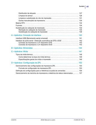 viiiSumário
2/3/2016 ZD420 Manual do usuário 212485-091 Rev. A
Distribuidor de etiqueta . . . . . . . . . . . . . . . . . . . . . . . . . . . . . . . . . . . . . . . . . . . . . . 127
Limpeza do sensor . . . . . . . . . . . . . . . . . . . . . . . . . . . . . . . . . . . . . . . . . . . . . . . . . . 128
Limpeza e substituição do rolo de impressão. . . . . . . . . . . . . . . . . . . . . . . . . . . . . . 131
Outras manutenções da impressora. . . . . . . . . . . . . . . . . . . . . . . . . . . . . . . . . . . . . 134
Bateria RTC . . . . . . . . . . . . . . . . . . . . . . . . . . . . . . . . . . . . . . . . . . . . . . . . . . . . . . . . . . 134
Fusíveis. . . . . . . . . . . . . . . . . . . . . . . . . . . . . . . . . . . . . . . . . . . . . . . . . . . . . . . . . . . . . . 134
Substituição do cabeçote de impressão . . . . . . . . . . . . . . . . . . . . . . . . . . . . . . . . . . . . . 135
Remoção do cabeçote de impressão . . . . . . . . . . . . . . . . . . . . . . . . . . . . . . . . . . . 135
Substituição do cabeçote de impressão . . . . . . . . . . . . . . . . . . . . . . . . . . . . . . . . . 138
A • Apêndice: Conexão de interface . . . . . . . . . . . . . . . . . . . . . . . . . . . . . . . . . . . 140
Interface USB (Barramento serial universal) . . . . . . . . . . . . . . . . . . . . . . . . . . . . . . . . . 141
Interface de porta serial - Detecção automática de DTE e DCE . . . . . . . . . . . . . . . . . . 142
Conexão da impressora a um dispositivo DTE . . . . . . . . . . . . . . . . . . . . . . . . . . . . 143
Conexão da impressora a um dispositivo DCE . . . . . . . . . . . . . . . . . . . . . . . . . . . . 143
B • Apêndice: Dimensões . . . . . . . . . . . . . . . . . . . . . . . . . . . . . . . . . . . . . . . . . . . 144
C • Apêndice: Mídia . . . . . . . . . . . . . . . . . . . . . . . . . . . . . . . . . . . . . . . . . . . . . . . 147
Tipos de mídia térmica . . . . . . . . . . . . . . . . . . . . . . . . . . . . . . . . . . . . . . . . . . . . . . . . . . 148
Como determinar os tipos de mídia térmica. . . . . . . . . . . . . . . . . . . . . . . . . . . . . . . 148
Especificações gerais de mídia e impressão . . . . . . . . . . . . . . . . . . . . . . . . . . . . . . 149
D • Apêndice: Configuração de ZPL . . . . . . . . . . . . . . . . . . . . . . . . . . . . . . . . . . . 152
Gerenciamento das configurações da impressora ZPL . . . . . . . . . . . . . . . . . . . . . . . . . 153
Formato de configuração da impressora ZPL . . . . . . . . . . . . . . . . . . . . . . . . . . . . . 153
Definição de configurações para a referência cruzada de comandos . . . . . . . . . . . . . . 154
Gerenciamento da memória da impressora e relatórios de status relacionados . . . . . . 157
 