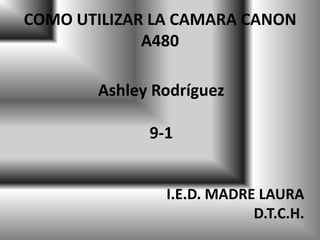 COMO UTILIZAR LA CAMARA CANON
             A480

       Ashley Rodríguez

             9-1


               I.E.D. MADRE LAURA
                           D.T.C.H.
 