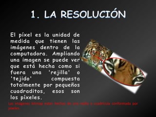 1. LA RESOLUCIÓN El píxel es la unidad de medida que tienen las imágenes dentro de la computadora. Ampliando una imagen se puede ver que está hecha como si fuera una 'rejilla' o 'tejido' compuesta totalmente por pequeños cuadraditos, esos son los píxeles.Las imágenes bitmap estan hechas de una rejilla o cuadrícula conformada por píxeles.