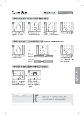 PORTUGUÊS
91
1 2 3
Ou
3
1 2 3
Levante a tampa do
leitor e aguarde o
som de confirmação.
1
Deslize o dedo
cadastrado sobre o
leitor de Impressão
Digital.
2
Modo Normal Modo AvançadoComo Usar
Abrindo a porta com Senha de Usuário
Toque o teclado com
a palma da mão.
Digite a senha de
usuário registrada.
Toque o teclado
com a palma da mão.
Pressioneobotão[ ].
Abrindo a Porta com Senha Falsa (Apenas no Modo Normal)
Toque o teclado com
a palma da mão.
Pressioneobotão[ ]
outoqueoteclado
com apalmadamão
paraconfirmar.
Abrindo a porta com Impressão Digital
Certifique-se de examinar se a porta abre
normalmente após finalizar os cadastros.
Verifique se a porta está aberta!
Digite os
Digite os
Método
Método
Senha
Senha números falsos
números falsos
 