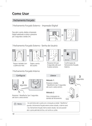 Fechamento Forçado Interno》
- Se você tentar abrir a porta com a tranqueta ou botão "Abre/Fecha"
quando o fechamento forçado externo estiver ativado, o alarme soará.
- Se o fechamento forçado interno estiver ativado, não será possível
abrir a porta pelo lado de fora, com senha ou cartão.
Nota
Pressione "Abre/Fecha"por 3 segundos
até ouvir o aviso sonoro
Fechamento Forçado
Fechamento Forçado Externo - Impressão Digital》
Método 1:
Pressione o botão
"Abre/Fecha"por 3 segundos
até ouvir o aviso sonoro.
Método 2:
Gire a tranqueta no
sentido de fechamento.
Fechamento Forçado Externo - Senha de Usuário》
Toque o teclado com
a palma da mão.
1
Digite a senha
de usuário.
2
Pressione [ ] por
3 segundos até ouvir
3 avisos sonoros.
3
Confirmação do
Fechamento Forçado
Externo.
4
Di-ri-ric
Configurar Liberar
3
segundos
3
segundos
Gire
94
Como Usar
Para abrir a porta, deslize a Impressão
Digital cadastrada no leitor e pressione
por 3 segundos o botão [ ].
1 2
 