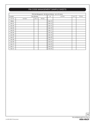 16
An ASSA ABLOY Group brand
P/N AYRD220-INST-FUL Rev B
PIN CODE MANAGEMENT SAMPLE SHEETS
PIN Code Management (No Network Module - Up to 25 Users)
Location: Door Number: User User Name User # PIN Code
User Type User Name User # PIN Code
Master User 13
User 01 User 14
User 02 User 15
User 03 User 16
User 04 User 17
User 05 User 18
User 06 User 19
User 07 User 20
User 08 User 21
User 09 User 22
User 10 User 23
User 11 User 24
User 12 User 25
 