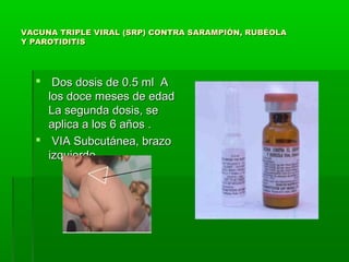VACUNA TRIPLE VIRAL (SRP) CONTRA SARAMPIÓN, RUBÉOLAVACUNA TRIPLE VIRAL (SRP) CONTRA SARAMPIÓN, RUBÉOLA
Y PAROTIDITISY PAROTIDITIS
 Dos dosis de 0.5 ml ADos dosis de 0.5 ml A
los doce meses de edadlos doce meses de edad
La segunda dosis, seLa segunda dosis, se
aplica a los 6 años .aplica a los 6 años .
 VIA Subcutánea, brazoVIA Subcutánea, brazo
izquierdo.izquierdo.
 