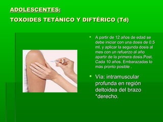 ADOLESCENTES:ADOLESCENTES:
TOXOIDES TETÁNICO Y DIFTÉRICO (Td)TOXOIDES TETÁNICO Y DIFTÉRICO (Td)
 A partir de 12 años de edad seA partir de 12 años de edad se
debe iniciar con una dosis de 0.5debe iniciar con una dosis de 0.5
ml, y aplicar la segunda dosis alml, y aplicar la segunda dosis al
mes con un refuerzo al añomes con un refuerzo al año
apartir de la primera dosis.Post.apartir de la primera dosis.Post.
Cada 10 años. Embarazadas loCada 10 años. Embarazadas lo
más pronto posible .más pronto posible .
 Vìa: intramuscularVìa: intramuscular
profunda en regiónprofunda en región
deltoidea del brazodeltoidea del brazo
*derecho.*derecho.
 