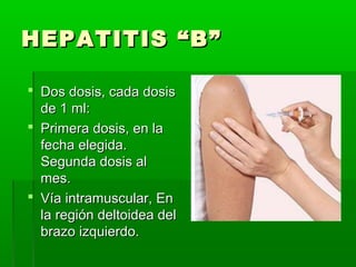 HEPATITIS “B”HEPATITIS “B”
 Dos dosis, cada dosisDos dosis, cada dosis
de 1 ml:de 1 ml:
 Primera dosis, en laPrimera dosis, en la
fecha elegida.fecha elegida.
Segunda dosis alSegunda dosis al
mes.mes.
 Vía intramuscular, EnVía intramuscular, En
la región deltoidea della región deltoidea del
brazo izquierdo.brazo izquierdo.
 