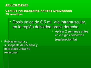 ADULTO MAYORADULTO MAYOR
VACUNA POLISÁCARIDA CONTRA NEUMOCOCOVACUNA POLISÁCARIDA CONTRA NEUMOCOCO
23 serotipos23 serotipos
 Dosis única de 0.5 ml. Vía intramuscular,Dosis única de 0.5 ml. Vía intramuscular,
en la región deltoidea brazo derechoen la región deltoidea brazo derecho
 Aplicar 2 semanas antesAplicar 2 semanas antes
en cirugías selectivasen cirugías selectivas
(esplenectomìa).(esplenectomìa).
 Población sana yPoblación sana y
susceptible de 65 años ysusceptible de 65 años y
más dosis única nomás dosis única no
revacunar.revacunar.
 