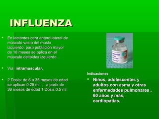 INFLUENZAINFLUENZA
 En lactantes cara antero lateral deEn lactantes cara antero lateral de
músculo vasto del muslomúsculo vasto del muslo
izquierdo, para población mayorizquierdo, para población mayor
de 18 meses se aplica en elde 18 meses se aplica en el
músculo deltoides izquierdo.músculo deltoides izquierdo.
 VíaVía intramuscular.intramuscular.
 2 Dosis: de 6 a 35 meses de edad2 Dosis: de 6 a 35 meses de edad
se aplican 0.25 ml , a partir dese aplican 0.25 ml , a partir de
36 meses de edad 1 Dosis 0.5 ml36 meses de edad 1 Dosis 0.5 ml
IndicacionesIndicaciones
 Niños, adolescentes yNiños, adolescentes y
adultos con asma y otrasadultos con asma y otras
enfermedades pulmonares ,enfermedades pulmonares ,
60 años y más,60 años y más,
cardiopatías.cardiopatías.
 