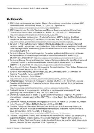 PDF creado el 09/06/2014 a las 12:32 h
Fuente: Novartis. Modificado de la ficha técnica EMA.
13. Bibliografía
ACIP. Infant meningococcal vaccination: Advisory Committee on Immunization practices (ACIP)1.
recommendations and rationale. MMWR. 2013;62:52-5. Disponible en:
http://www.cdc.gov/mmwr/preview/mmwrhtml/mm6203a3.htm
ACIP. Prevention and Control of Meningococcal Disease: Recommendations of the Advisory2.
Committee on Immunization Practices (ACIP). MMWR. 2013;62(RR02):1-22. Disponible en:
http://www.cdc.gov/mmwr/preview/mmwrhtml/rr6202a1.htm
Agencia Española de Medicamentos y Productos Sanitarios (AEMPS). Informe de utilidad3.
terapéutica. Vacuna meningocócica del grupo B, Bexsero. 5 de abril de 2013. Disponible en:
http://www.aemps.gob.es/medicamentosUsoHumano/vacunas/infoUtilTerapeutic...
Campbell H, Andrews N, Borrow R, Trotter C, Miller E. Updated postlicensure surveillance of4.
meningoccocal C conjugate vaccine in England and Wales: effectiveness, validation of serological
correlates of protection and modeling prediction of the duration of heard immunity. Clin Vaccine
Immunol 2010;17:840-7.
Centers for Disease Control and Prevention. Prevention and Control of Meningococcal Disease5.
Recommendations of the Advisory Committee on Immunization Practices. MMWR 2005;
54(RR07):1-21. Disponible en: http://www.cdc.gov/mmwr/preview/mmwrhtml/rr5407a1.htm
Centers for Disease Control and Prevention. Updated Recommendations for Use of Meningococcal6.
Conjugate Vaccines — Advisory Committee on Immunization Practices (ACIP), 2010. MMWR
2011;60: 72-6. Disponible en: http://www.cdc.gov/mmwr/pdf/wk/mm6003.pdf
Committee on Infectious Diseases. Meningococcal Conjugate Vaccines Policy Update:Booster dose7.
recommendations. Pediatrics. 2011;128:1213-8.
European Medicines Agency. 15 November 2012. EMA/CHMP/669278/2012. Committee for8.
Medicinal Products for Human Use (CHMP).
Ficha técnica Bexsero®. Disponible en:9.
http://www.ema.europa.eu/docs/es_ES/document_library/EPAR_-_Product_Info...
Fichas técnicas de Meningitec®, Menjugate®, NeisVac-C®, Menveo® y Nimenrix®. Agencia10.
Española del Medicamento y Productos Sanitarios. Ministerio de Sanidad, Servicios Sociales e
Igualdad. Disponible en:
http://vacunasaep.org/profesionales/fichas-tecnicas-vacunas/resultados?d...
Findlow H, Borrow R, Inmmunogenicity and safety of meningococcal serogroup A,C,Y y W11.
glycocongutate vaccine ACWY-TT. Adv Ther. 2013;30:431-58.
Ghanem S, Hassa S, Saad R, Dbaibo S. Quadrivalent meningococcal serogroups A,C,W,and Y12.
tetanus toxoid conjugate vaccine (Men ACWY_TT) : a review. Expert Opin Biol Ther (Early Online).
2013;13:1-9.
Granoff DM, Pelton S, Harrison LH. Meningococcal Vaccines. In: Plotkin SA, Orenstein WA, Offit PA13.
(eds.). Vaccines, 6th
Edition. ELSEVIER Saunders; 2012. p. 288-418.
Grupo de Trabajo de Enfermedad Meningocócica de la Ponencia de Programa y Registro de14.
Vacunación. Situación actual de la enfermedad meningocócica en España. Modificación de la
pauta de vacunación frente meningitis C. Disponible en:
https://www.murciasalud.es/recursos/ficheros/82833-Informe_Enf._Meningoc...
Grupo de Trabajo MenB. Vacuna frente a enfermedad meningocócica invasora por serogrupo B y15.
su posible utilización en salud pública. Ponencia de Programas y Registro de Vacunaciones.
Comisión de Salud Pública del Consejo Interterritorial del Sistema Nacional de Salud. Ministerio de
Sanidad, Servicios Sociales e Igualdad, 2013. Disponible en:
MANUAL DE VACUNAS EN LÍNEA DE LA AEP Página 13 de 15
 