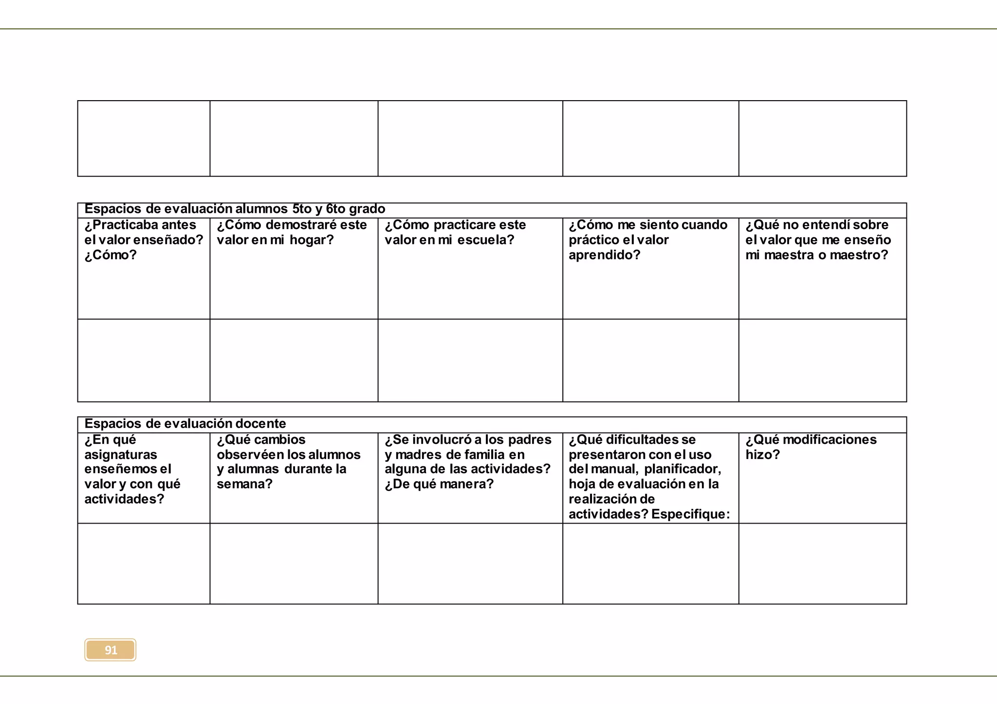 91
Espacios de evaluación alumnos 5to y 6to grado
¿Practicaba antes
el valor enseñado?
¿Cómo?
¿Cómo demostraré este
valor en mi hogar?
¿Cómo practicare este
valor en mi escuela?
¿Cómo me siento cuando
práctico el valor
aprendido?
¿Qué no entendí sobre
el valor que me enseño
mi maestra o maestro?
Espacios de evaluación docente
¿En qué
asignaturas
enseñemos el
valor y con qué
actividades?
¿Qué cambios
observéen los alumnos
y alumnas durante la
semana?
¿Se involucró a los padres
y madres de familia en
alguna de las actividades?
¿De qué manera?
¿Qué dificultades se
presentaron con el uso
del manual, planificador,
hoja de evaluación en la
realización de
actividades? Especifique:
¿Qué modificaciones
hizo?
 