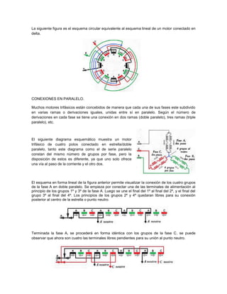 La siguiente figura es el esquema circular equivalente al esquema lineal de un motor conectado en
delta.




CONEXIONES EN PARALELO.

Muchos motores trifásicos están concebidos de manera que cada una de sus fases este subdivido
en varias ramas o derivaciones iguales, unidas entre sí en paralelo. Según el número de
derivaciones en cada fase se tiene una conexión en dos ramas (doble paralelo), tres ramas (triple
paralelo), etc.



El siguiente diagrama esquemático muestra un motor
trifásico de cuatro polos conectado en estrella/doble
paralelo, tanto este diagrama como el de serie paralelo
constan del mismo número de grupos por fase, pero la
disposición de estos es diferente, ya que uno solo ofrece
una vía al paso de la corriente y el otro dos.




El esquema en forma lineal de la figura anterior permite visualizar la conexión de los cuatro grupos
de la fase A en doble paralelo. Se empieza por conectar una de las terminales de alimentación al
principio de los grupos 1º y 3º de la fase A. Luego se une el final del 1º al final del 2º, y el final del
grupo 3º al final del 4º. Los principios de los grupos 2º y 4º quedaran libres para su conexión
posterior al centro de la estrella o punto neutro.




Terminada la fase A, se procederá en forma idéntica con los grupos de la fase C, se puede
observar que ahora son cuatro las terminales libres pendientes para su unión al punto neutro.
 