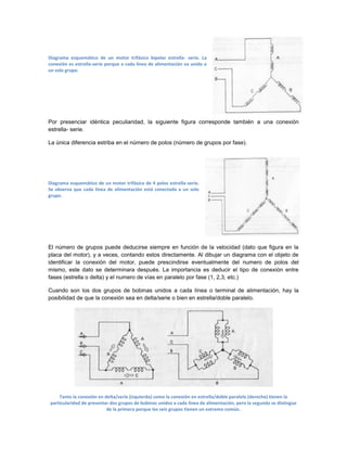 Diagrama esquemático de un motor trifásico bipolar estrella- serie. La
conexión es estrella-serie porque a cada línea de alimentación va unido a
un solo grupo.




Por presenciar idéntica peculiaridad, la siguiente figura corresponde también a una conexión
estrella- serie.

La única diferencia estriba en el número de polos (número de grupos por fase).




Diagrama esquemático de un motor trifásico de 4 polos estrella-serie.
Se observa que cada línea de alimentación está conectada a un solo
grupo.




El número de grupos puede deducirse siempre en función de la velocidad (dato que figura en la
placa del motor), y a veces, contando estos directamente. Al dibujar un diagrama con el objeto de
identificar la conexión del motor, puede prescindirse eventualmente del numero de polos del
mismo, este dato se determinara después. La importancia es deducir el tipo de conexión entre
fases (estrella o delta) y el numero de vías en paralelo por fase (1, 2,3, etc.)

Cuando son los dos grupos de bobinas unidos a cada línea o terminal de alimentación, hay la
posibilidad de que la conexión sea en delta/serie o bien en estrella/doble paralelo.




     Tanto la conexión en delta/serie (izquierda) como la conexión en estrella/doble paralelo (derecha) tienen la
 particularidad de presentar dos grupos de bobinas unidos a cada línea de alimentación, pero la segunda se distingue
                           de la primera porque los seis grupos tienen un extremo común.
 