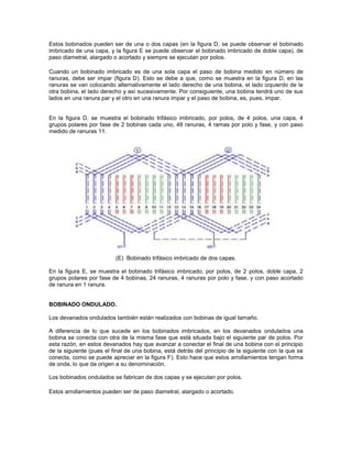 Estos bobinados pueden ser de una o dos capas (en la figura D, se puede observar el bobinado
imbricado de una capa, y la figura E se puede observar el bobinado imbricado de doble capa), de
paso diametral, alargado o acortado y siempre se ejecutan por polos.

Cuando un bobinado imbricado es de una sola capa el paso de bobina medido en número de
ranuras, debe ser impar (figura D). Esto se debe a que, como se muestra en la figura D, en las
ranuras se van colocando alternativamente el lado derecho de una bobina, el lado izquierdo de la
otra bobina, el lado derecho y así sucesivamente. Por consiguiente, una bobina tendrá uno de sus
lados en una ranura par y el otro en una ranura impar y el paso de bobina, es, pues, impar.


En la figura D, se muestra el bobinado trifásico imbricado, por polos, de 4 polos, una capa, 4
grupos polares por fase de 2 bobinas cada uno, 48 ranuras, 4 ramas por polo y fase, y con paso
medido de ranuras 11.




                          (E) Bobinado trifásico imbricado de dos capas.

En la figura E, se muestra el bobinado trifásico imbricado, por polos, de 2 polos, doble capa, 2
grupos polares por fase de 4 bobinas, 24 ranuras, 4 ranuras por polo y fase, y con paso acortado
de ranura en 1 ranura.


BOBINADO ONDULADO.

Los devanados ondulados también están realizados con bobinas de igual tamaño.

A diferencia de lo que sucede en los bobinados imbricados, en los devanados ondulados una
bobina se conecta con otra de la misma fase que está situada bajo el siguiente par de polos. Por
esta razón, en estos devanados hay que avanzar a conectar el final de una bobina con el principio
de la siguiente (pues el final de una bobina, está detrás del principio de la siguiente con la que se
conecta, como se puede apreciar en la figura F). Esto hace que estos arrollamientos tengan forma
de onda, lo que da origen a su denominación.

Los bobinados ondulados se fabrican de dos capas y se ejecutan por polos.

Estos arrollamientos pueden ser de paso diametral, alargado o acortado.
 