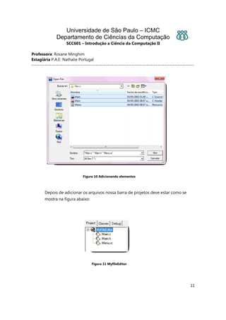 Universidade de São Paulo – ICMC
Departamento de Ciências da Computação
SCC601 – Introdução a Ciência da Computação II
Professora: Rosane Minghim
Estagiária P.A.E: Nathalie Portugal
---------------------------------------------------------------------------------------------------
11
Figura 10 Adicionando elementos
Depois de adicionar os arquivos nossa barra de projetos deve estar como se
mostra na figura abaixo:
Figura 11 MyfileEditor
 