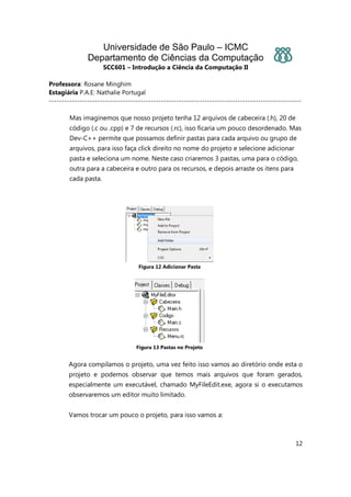 Universidade de São Paulo – ICMC
Departamento de Ciências da Computação
SCC601 – Introdução a Ciência da Computação II
Professora: Rosane Minghim
Estagiária P.A.E: Nathalie Portugal
---------------------------------------------------------------------------------------------------
12
Mas imaginemos que nosso projeto tenha 12 arquivos de cabeceira (.h), 20 de
código (.c ou .cpp) e 7 de recursos (.rc), isso ficaria um pouco desordenado. Mas
Dev-C++ permite que possamos definir pastas para cada arquivo ou grupo de
arquivos, para isso faça click direito no nome do projeto e selecione adicionar
pasta e seleciona um nome. Neste caso criaremos 3 pastas, uma para o código,
outra para a cabeceira e outro para os recursos, e depois arraste os itens para
cada pasta.
Figura 12 Adicionar Pasta
Figura 13 Pastas no Projeto
Agora compilamos o projeto, uma vez feito isso vamos ao diretório onde esta o
projeto e podemos observar que temos mais arquivos que foram gerados,
especialmente um executável, chamado MyFileEdit.exe, agora si o executamos
observaremos um editor muito limitado.
Vamos trocar um pouco o projeto, para isso vamos a:
 