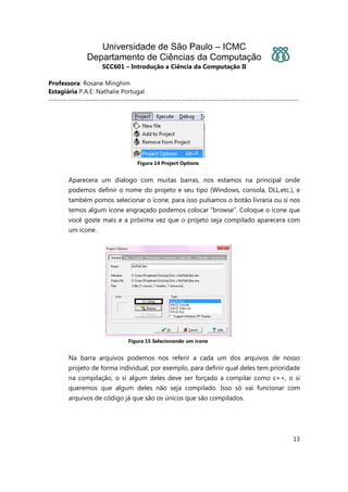 Universidade de São Paulo – ICMC
Departamento de Ciências da Computação
SCC601 – Introdução a Ciência da Computação II
Professora: Rosane Minghim
Estagiária P.A.E: Nathalie Portugal
---------------------------------------------------------------------------------------------------
13
Figura 14 Project Options
Aparecera um dialogo com muitas barras, nos estamos na principal onde
podemos definir o nome do projeto e seu tipo (Windows, consola, DLL,etc.), e
também pomos selecionar o ícone, para isso pulsamos o botão livraria ou si nos
temos algum ícone engraçado podemos colocar “browse”. Coloque o ícone que
você goste mais e a próxima vez que o projeto seja compilado aparecera com
um ícone.
Figura 15 Selecionando um ícone
Na barra arquivos podemos nos referir a cada um dos arquivos de nosso
projeto de forma individual, por exemplo, para definir qual deles tem prioridade
na compilação, o si algum deles deve ser forçado a compilar como c++, o si
queremos que algum deles não seja compilado. Isso só vai funcionar com
arquivos de código já que são os únicos que são compilados.
 