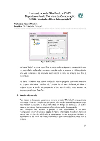 Universidade de São Paulo – ICMC
Departamento de Ciências da Computação
SCC601 – Introdução a Ciência da Computação II
Professora: Rosane Minghim
Estagiária P.A.E: Nathalie Portugal
---------------------------------------------------------------------------------------------------
14
Figura 16 Menu Files
Na barra “Build” se pode especificar a pasta onde será gerado o executável uma
vez compilado, enlaçado e gerado, a pasta onde se guarda o código objeto,
uma vez compilados os arquivos, assim como o nome de arquivo que terá o
executável.
Na barra “Makefile” nos pomos introduzir nossos próprios comandos makefile
do projeto. Na barra ”Version Info” pomos incluir certa informação sobre o
projeto, como a versão do programa, e isso será incluído num arquivo de
recursos gerado por Dev-C++.
5. Usando o Depurador
Para iniciar o depurador usaremos o mesmo projeto “MyFileEdit”, mas primeiro
temos que disser ao compilador que gere a informação necessária para que poda
nos mostrar o programa e seus elementos em tempo de execução. Em outras
palavras temos que fazer um executável com informação de depuração.
Para conseguir isso, abrimos o projeto e suas propriedades, e na barra
“Compilador-linker” ativamos a opção de “gerar informação de debug”. Também
vamos nas opções de otimização e desativamos todas, apagamos também o
argumento –s do linker na barra parâmetros e por ultimo reconstruímos todo o
projeto
 