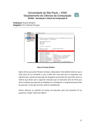 Universidade de São Paulo – ICMC
Departamento de Ciências da Computação
SCC601 – Introdução a Ciência da Computação II
Professora: Rosane Minghim
Estagiária P.A.E: Nathalie Portugal
---------------------------------------------------------------------------------------------------
17
Figura 19 Função WinMain
Agora temos que pulsar F8 para começar a depuração. Você poderá observar que a
linha troca de cor vermelho a azul e além tem uma seta azul na esquerda, isso
significa que o ponto de execução do programa se encontra em essa linha, que é o
mesmo que disser que a seguinte instrução que se executara será da linha azul.
Disso se deduzi que quando se estabelece um breakpoint, o programa parará antes
de executar a instrução da linha onde foi estabelecido.
Vamos observar as variáveis em tempo de execução, para isso pulsamos F4 ou
pulsamos o botão “Adicionar Watch”.
 